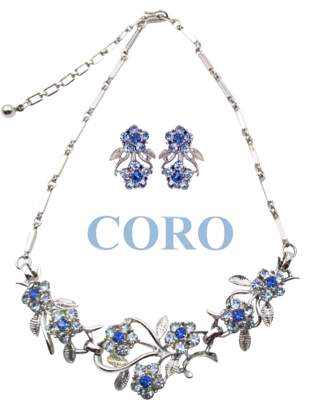 Vintage 1950 Coro Blue Rhinestone Floret Necklace•Clip-on Earrings Set. Pristine